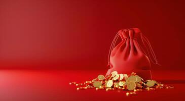 Red Bag Filled With Gold Coins on Pink Background photo