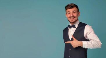 Man in Vest and Bow Tie Giving Thumbs Up photo