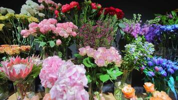 multicolor flores almacenado en el refrigerador de el flor salón. video