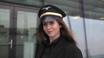 retrato de confidente mujer en uniforme trabajando en aviación negocio carrera trabajo video