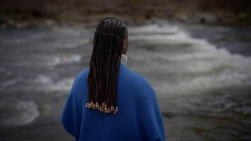 joven africano mujer con trenzas trenzas pelo estilo disfrutando naturaleza al aire libre video