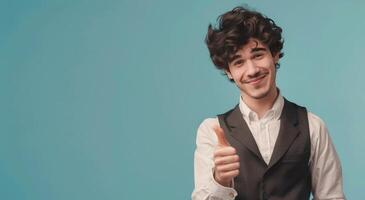 Man in Vest and Bow Tie Giving Thumbs Up photo