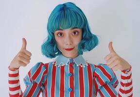 Woman With Blue Hair in Red and White Striped Shirt photo