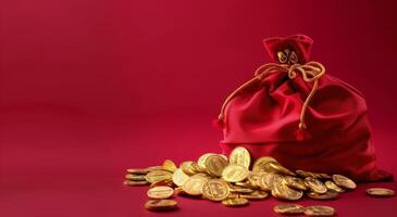 rojo bolso lleno con oro monedas en rosado antecedentes foto