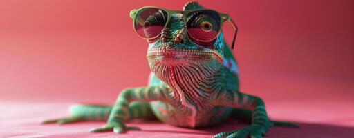 Green Lizard With Red Glasses on Pink Surface photo