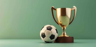 Three Soccer Balls and a Trophy on a Green Background photo