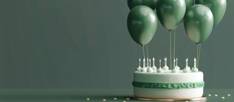 Birthday Cake With Green Icing and White Candles photo