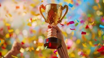 Person Holding Trophy in Front of Confetti photo