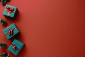 Red Background With Presents Wrapped in Blue and Red Ribbon photo