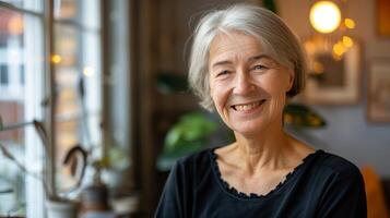 Older Woman Smiling in Front of a Window photo