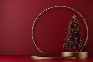 Small Christmas Tree in Gold Circle on Red Background photo