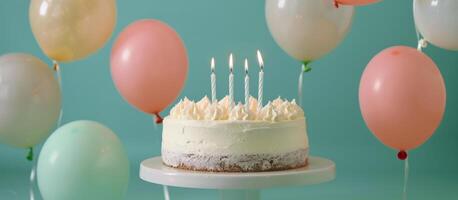 Birthday Cake With Candles and Balloons photo