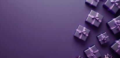 Group of Wrapped Presents on Purple Table photo