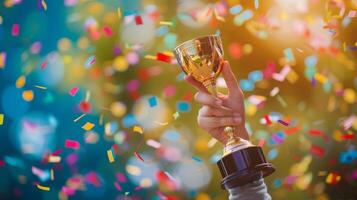 Person Holding Gold Trophy With Confetti Background photo