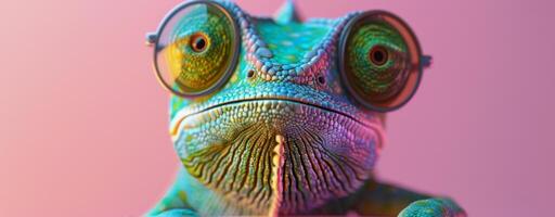 Green Lizard With Red Glasses on Pink Surface photo