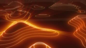 giallo arancia loop futuristico hi-tech paesaggio con montagne e canyon a partire dal raggiante energia cerchi e Magia Linee. astratto sfondo. video