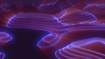 Purple looped futuristic hi-tech landscape with mountains and canyons from glowing energy circles and magic lines. Abstract background video