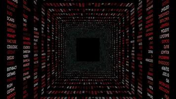Symmetrical black room with red accents, featuring a central square design video