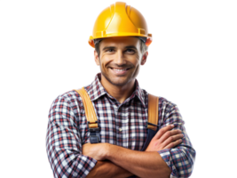 A man wearing a yellow hard hat and a plaid shirt is smiling png