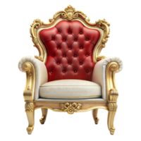 A gold and red chair with white cushions png