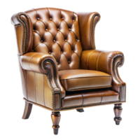 A brown leather chair with gold trim and gold buttons png