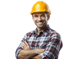 A man wearing a yellow hard hat and a plaid shirt is smiling png