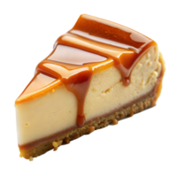 A slice of cheesecake with caramel sauce on top png