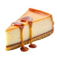 A slice of cheesecake with caramel drizzle on top png