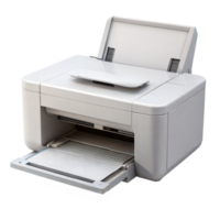 A white printer with a black handle and a white paper tray png