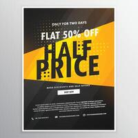 half price sale brochure flyer promotional template in yellow and black theme vector