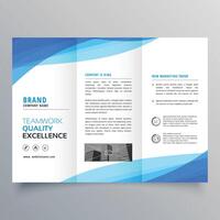 blue trifold business brochure design with wave vector