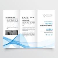 business tri-fold brochure design with blue abstract wavy shape vector