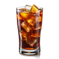 A tall glass filled with cola, ice cubes, and lemon slices, set against a transparent backdrop png