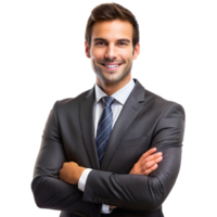 un sonriente empresario en un oscuro traje con un a rayas Corbata soportes con confianza con brazos cruzado en contra un transparente antecedentes png