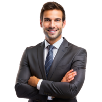 A smiling businessman in a dark suit with a striped tie stands confidently with arms crossed against a transparent background png