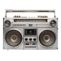 Silver 1980s boombox displaying dual speakers, a cassette player, and various control buttons on a transparent background png