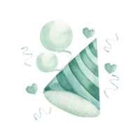 Birthday cap with stripes in mint pastel color with balloons, confetti and heart shapes decorative elements. Hand drawn watercolor illustration for birthday party, card, invitation design. Boho style png