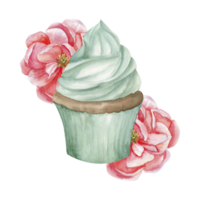 Sweet cupcake in pastel green color with pink peonies watercolor illustration. Mint color birthday cake with floral decoration, bakery logo design, party invitation, card decor png