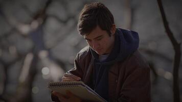 joven creativo masculino artista dibujo un bosquejo fuera de en el parque video