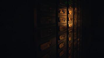 A line of wooden drawers in a dimly lit room with light filtering through video