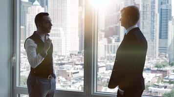 Business Colleagues Chatting Together In The City Having A Conversation video