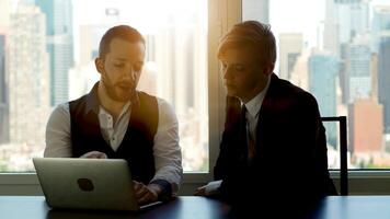 Two Young Businessman Talking Together Working in Finance Job video