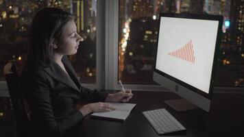 ung självsäker kvinna arbetssätt i modern kontor på dator skrivbord på natt video