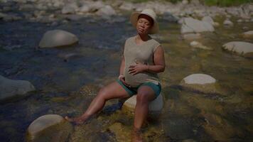 jovem grávida mulher relaxante dentro natureza às rio dentro maternidade feriado video