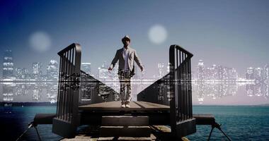 Young Carefree Man in Elegant Old-Fashioned Style Walking on Bridge Road video