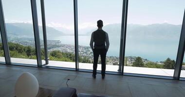 erfolgreich jung Geschäftsmann Innerhalb modern Büro Gebäude mit Fenster Aussicht video