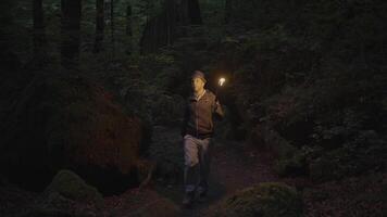 homme en portant une brûlant torche explorant forêt la grotte paysage dans foncé nuit video