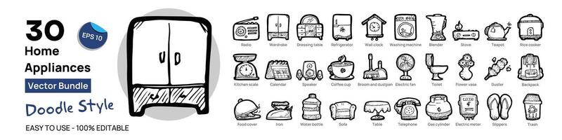 Home Appliances concept illustrations. Big Set of icon illustrations with doodle style. Flat design vector