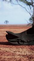 Old decorated mexican saddle lying on sand video