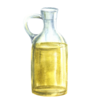Watercolor olive oil in glass bottle, carafe, jug. Vegan fat vegetable sauce. Watercolor hand drawn illustration for labels, restaurant menus, cooking food sticker. Isolated clipart background. png
